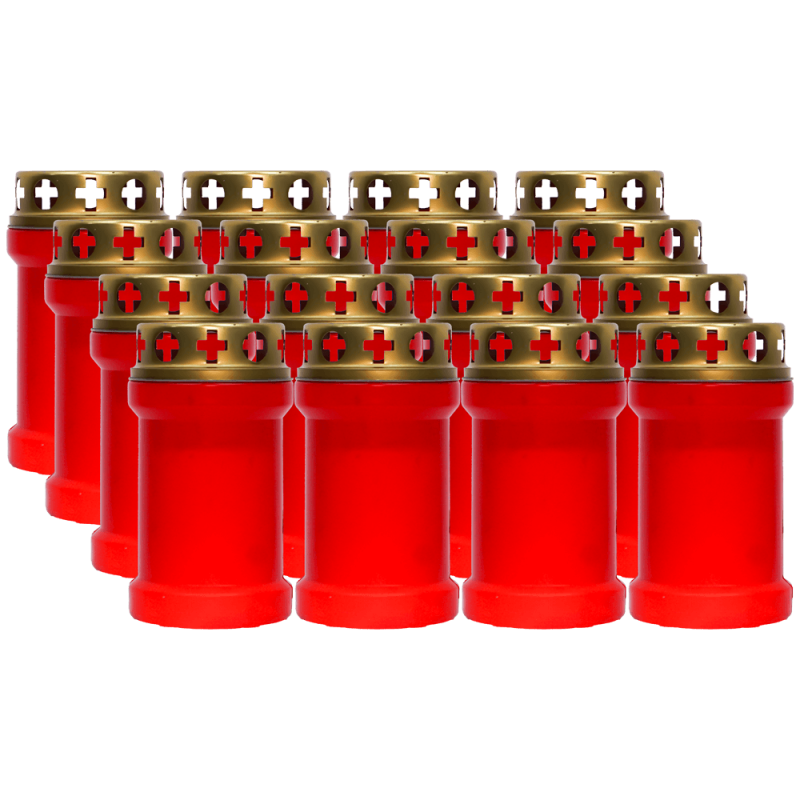 Set 16 candele rosii 20 ore cu capac metalic pentru cimitir 80 g Zniczplast